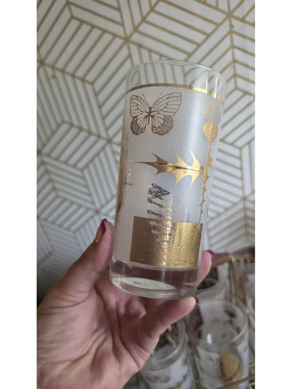 Vintage Midcentury Cutler Golden Meadow Butterfly Set of 8 Glasses With Caddy